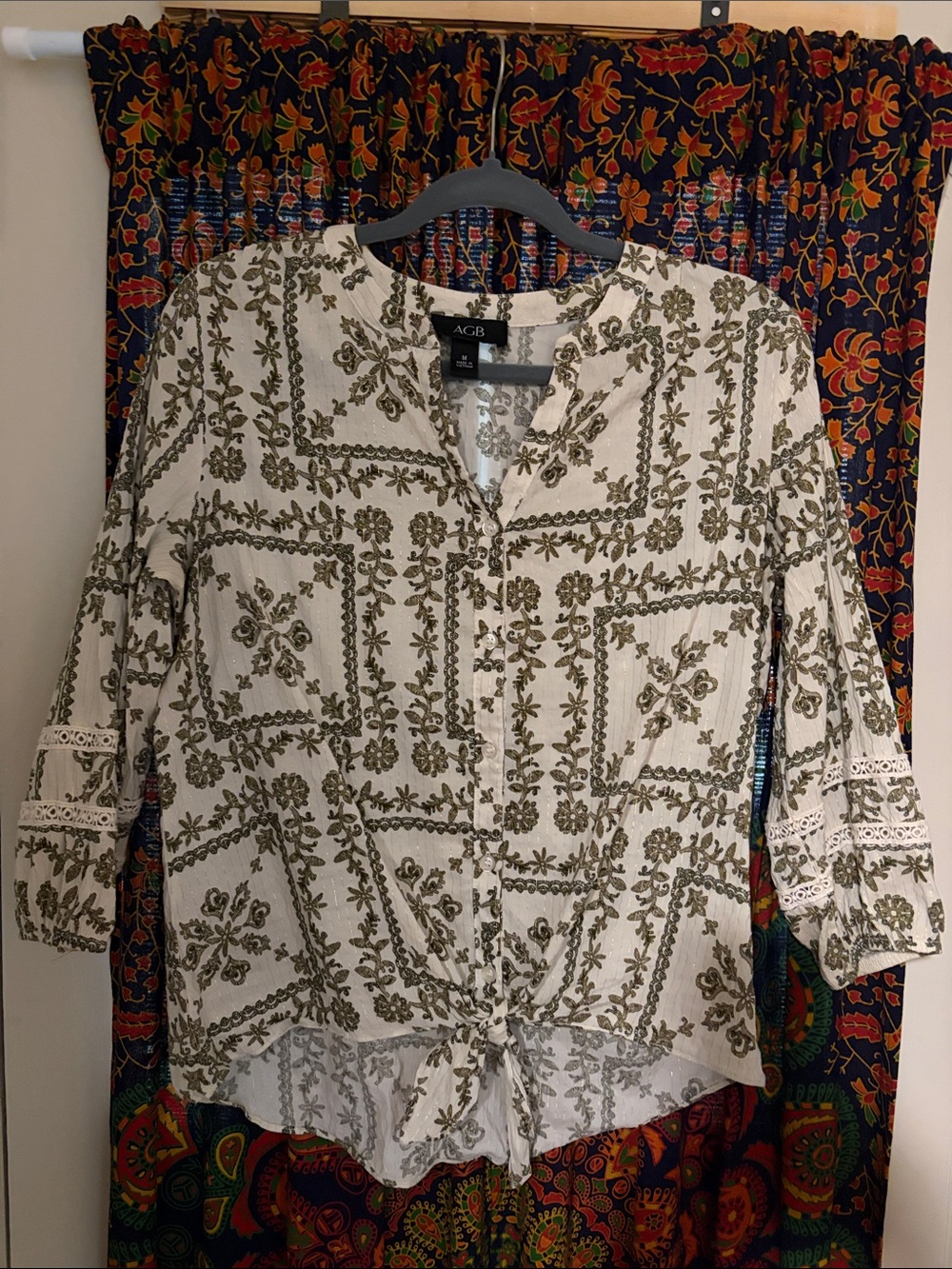 AGB White Button-Down Blouse with Olive Floral Print and Tie Front